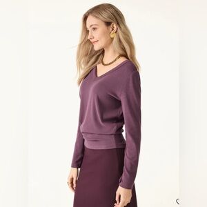 OGL NWT Essential V-neck Long Sleeve Top with Close-fit Hem S Plum Athleisure